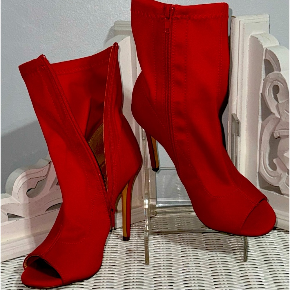 Red Nylon Peep toe booties